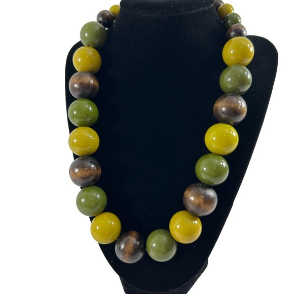 Chunky Beaded Necklace Green Brown Fall Colors 23" Brown Green - Picture 8 of 8